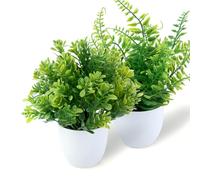 GREENTIME 2 Pack Small Fake Potted Plants for Home Decor Faux Eucalyptus Plants in White Pot Artificial Mini Fern Plants for Bathroom Shelf Indoor Office Desk Living Room Kitchen Decoration