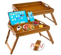 Greenual 2 Pack Bed Tray Table with Handles Folding Legs, Bamboo Breakfast Food Tray with Media Slot, Use As Platter, Laptop Desk, Snack, TV Tray Kitchen Serving Tray(Brown)