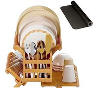 Greenual Bamboo Dish Drying Rack with Utensil Holder, 3 Tier Collapsible Dish Rack, Wooden Dish Racks for Kitchen Counter, Large Folding Drying Holder with Absorbent Dish Drying Mat