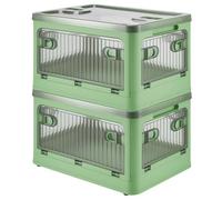 GreenWhim 2 Pack 28L Folding Storage Boxes with Lids and Wheels, Stackable Plastic Organizer Bins with Front Doors for Bedroom Closet Living Room Office (Green)
