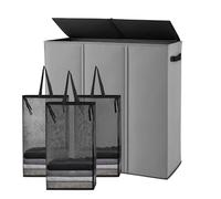 GreenWhim 3 Section Laundry Hamper with Lid and Removable Laundry Bags Freestanding Laundry Basket Sorter Foldable Clothes Hamper Organizer for Bedroom Laundry Room Bathroom (Grey, 160L)