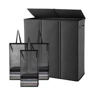 GreenWhim 3 Section Laundry Hamper with Lid and Removable Laundry Bags Freestanding Laundry Basket Sorter Foldable Clothes Hamper Organizer for Bedroom Laundry Room Bathroom (Black, 160L)