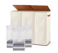 GreenWhim 3 Section Laundry Hamper with Lid and Removable Laundry Bags Freestanding Laundry Basket Sorter Foldable Clothes Hamper Organizer for Bedroom Laundry Room Bathroom (Ivory, 180L)