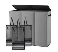 GreenWhim 3 Section Laundry Hamper with Lid and Removable Laundry Bags Freestanding Laundry Basket Sorter Foldable Clothes Hamper Organizer for Bedroom Laundry Room Bathroom (Grey, 180L)