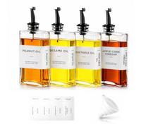 GreenWhim 4pcs 350ml Olive Oil Dispenser for Kitchen Coffee Syrup Bottle - Elegant & Classy Glass Bottles with Stainless Steel Automatic Pour Spout and 36 Labels Funnel