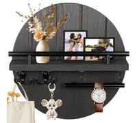GreenWhim Circular Wooden Key Holder for Wall with Shelf, Rustic Wall Mounted Key Rack with 8 Hooks Entryway Mail Organiser Key Hanger for Hallway, Kitchen, Office (Black, 11.8 inch)