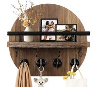 GreenWhim Circular Wooden Key Holder for Wall with Shelf, Rustic Wall Mounted Key Rack with 8 Hooks Entryway Mail Organiser Key Hanger for Hallway, Kitchen, Office (Brown, 9.8 inch)