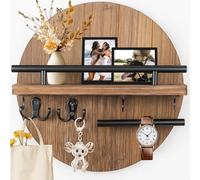 GreenWhim Circular Wooden Key Holder for Wall with Shelf, Rustic Wall Mounted Key Rack with 8 Hooks Entryway Mail Organiser Key Hanger for Hallway, Kitchen, Office (Brown, 11.8 inch)