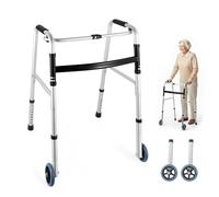 GreenWhim Folding Aluminium Walking Frame with 2 Wheels Lightweight Zimmer Walker Adjustable Height One-Button Fold Mobility Aid