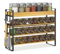 GreenWhim Spice Rack Organiser with Hooks，4 Tier Bamboo Countertop Seasoning Rack Spice Holder Free Standing without Jars Metal Storage Shelf for Kitchen, Cupboard, Pantry, Cabinet
