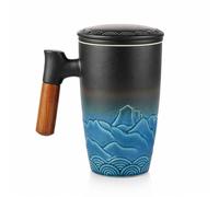 GreenWhim Tea Infuser Mug with Lid Wooden Handle Gifts for Tea Lovers, Steeper with Filter Cover Lid Tea Mugs Ceramic Tea Cup (Cyan,Black) (Cyan,Black)