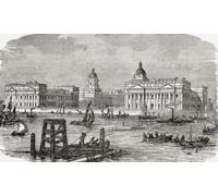 Greenwich Hospital London England seen here in the 19th century. The hospital was a permanent home for retired Royal Navy sailors that operated from 1692 to 1869, it is now known as the Old Royal