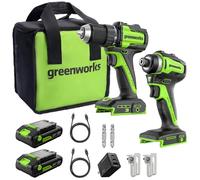 Greenworks 24V Brushless 45Nm Drill Driver & 220Nm Impact Driver Kit, 1/2" Metal Chuck, Includes 2× 2.0Ah USB-C Batteries (12,000 mAh) & 65W USB-C Fast Charger, 3.3 FT Braided Cable CK321