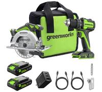 Greenworks 24V Brushless 45Nm Drill Driver & 6.5” Circular Saw 265mm Kit (4,800 RPM), Includes 2× 2.0Ah USB-C Batteries (12,000 mAh) & 65W USB-C Fast Charger, 3.3 FT Braided Cable CK322