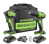 Greenworks - 24V brushless Cordless Drill and Impact Driver, Power Tool Combo kit Included 1/2" Drill and hex Impact Driver