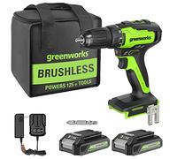 Greenworks 24V Brushless Cordless Drill Kit, 310 in./lbs, 18+1 Position Clutch, 1/2 '' Keyless Chuck, Variable Speed, (2) 2Ah Batteries with 2A Fast Charger, LED Light with Tool Bag