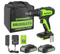 Greenworks 24V Brushless Cordless Drill Kit, 310 in./lbs, 18+1 Position Clutch, 1/2 '' Keyless Chuck, Variable Speed, (2) 2Ah Batteries with 2A Charger, LED Light, 8pcs Drill Bits with Tool Bag