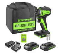 Greenworks 24V Brushless Cordless Impact Driver Kit, 1950 in./lbs Torque, 1/4'' Hex Collet, Variable Speed, 2×2Ah Batteries with 2A Charger, LED Light, 8pcs Drill/Driver Bits with Tool Bag