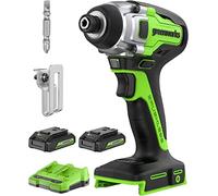 Greenworks 24V Brushless Cordless Impact Driver Kit, 2650 in./lbs Torque 1/4-inch Hex, Variable Speed Impact Drill/Driver Set, Included (2) USB (Power Bank) Batteries and Dual Port Charger, Bits
