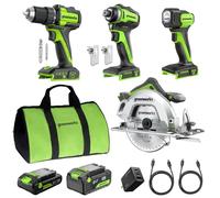 Greenworks 24V Cordless (4-Tool) Combo Kit - 45Nm Drill + 220Nm Impact Driver+ 6.5" Circular Saw+ 200Lm Flashlight, 4.0Ah + 2.0Ah Batteries, 65W Fast Charger, (2) Braided Cables CK341