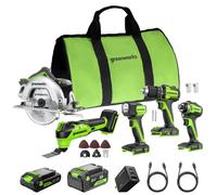 Greenworks 24V Cordless (5-Tool) Combo Kit - 45Nm Drill + 220Nm Impact Driver+ 6.5" Circular Saw+ Multi-Tool+ Flashlight, 4.0Ah + 2.0Ah USB-C Batteries, 65W Fast Charger,(2) Cables CK351