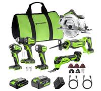 Greenworks 24V Cordless (6-Tool) Combo Kit - Drill +Impact Driver+Circular Saw+Reciprocating Saw+Multi-Tool+Flashlight, 4.0Ah + 2.0Ah Battery, 65W Fast Charger,(2) Cables CK361