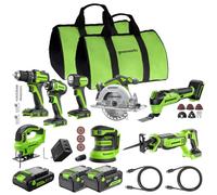 Greenworks 24V Cordless (8-Tool) - Drill +Impact Driver+Circular Saw+Reciprocating Saw+Jigsaw+Multi-Tool+Sander+Flashlight, 4.0Ah + 2×2.0Ah Batteries, 65W Fast Charger,(2) Cables CK381