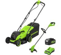 Greenworks 24v Cordless Brushless Lawnmower 330mm and Grass Trimmer 250mm 1 x 4ah Li-ion Battery Charger