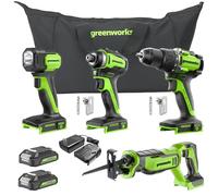 Greenworks 24V Cordless Drill, Impact Driver, Reciprocating Saw, Flashlight, 4PCS Combo Kit with 2 * 2Ah Battery and Charger