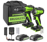 Greenworks 24V MAX Cordless Brushless Drill & Impact Driver Combo Kit, Electric Drill Set, High Torque, Lightweight, Professional Grade, Includes 2X 2.0Ah Batteries, Charger, and Storage Bag
