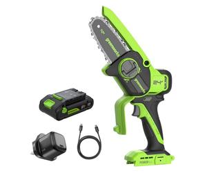 Greenworks 24V Mini Chainsaw Brushless 4in (10cm), Cordless Battery Chainsaw with Auto-Oil System, 7.8m/s Cutting Speed, Electric Saw with 2Ah Battery and 30W USB C Charger