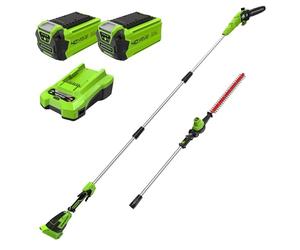 Greenworks 40V Cordless 2-in-1 Pole Saw and Pole Hedge Trimmer, Brushless Motor Pole Saw 30cm Bar, Trimmer 51cm Dual Action Blades, WITH Battery*2 and Charger GD40PSHK2x