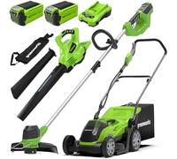 Greenworks 40V Cordless Lawn Mower 35cm with 2x 2Ah Batteries and Charger G40LM35K2X, Bonus 40V Cordless Strimmer G40LT & Leaf Blow Vac GD40BV