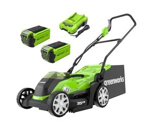 Greenworks 40V Cordless Lawnmower for Lawns up to 400m², 35cm Cutting Width, 40L Bag PLUS Two 40V 2Ah Batteries & One Charger, 3 Year Guarantee-G40LM35K2X, Green