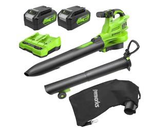 Greenworks 48V(24V x 2) Cordless Leaf Blower and Vacuum GenII with 45L Mulching Bag, 386km/h,14.73m³/min, Two 4Ah Batteries & Dual-port Charger, 3 Year Guarantee BL48L421-01