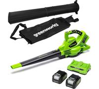 greenworks 48V (24V x 2) Cordless Leaf Blower and Vacuum with 45L Mulching Bag & Shoulder Strap, 322km/h, 9m³/Min, Two 24V 4Ah Batteries & Double Charger, 3 Year Guarantee GD24X2BVK4X