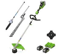 Greenworks Cordless Grass Trimmer 48V(2×24V) 40cm, 25cm Brush Cutter Blade, Pole Hedge Trimmer and Chainsaw Attachment, incl. 2 Battery 4Ah & Dual Slot Charger