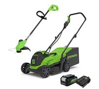 Greenworks Electric Lawn Mower 24V 33cm 30L Grass Catcher Box GD24LM33 and Cordless Grass Trimmer 25cm G24LT25 Auto Feed Head incl. 1 Battery 4Ah & Charger