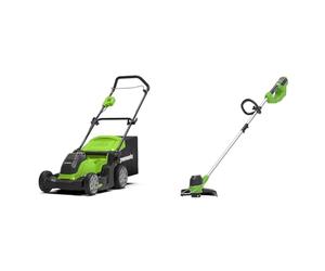 Greenworks G40LM41 Cordless Lawnmower for Lawns up to 500m², 41cm Cutting Width, 50L Bag WITHOUT 40V & 40V Cordless Strimmer for Medium Gardens, Adjustable Height, 30cm Cutting Width