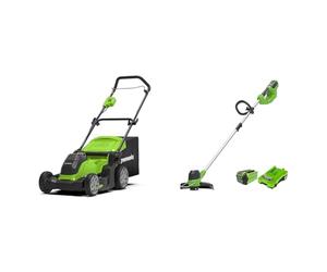 Greenworks G40LM41 Cordless Lawnmower for Lawns up to 500m², 41cm Cutting Width, 50L Bag WITHOUT 40V & 40V Cordless Strimmer for Medium Gardens, Adjustable Height, 30cm Cutting Width