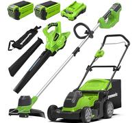 Greenworks G40LM41K2X 40V Cordless Lawn Mower 41cm, 2x 2Ah Batteries, Charger, Strimmer, and Leaf Blower