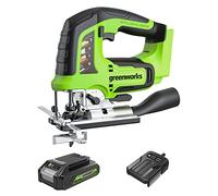 Greenworks GD24JSK2 Cordless Jigsaw with 2 Blades, 3000spm, Adjustable Base up to 45°, Vacuum Attachment, 24V 2Ah Battery & Charger, 3 Year Guarantee, Green,grey,black