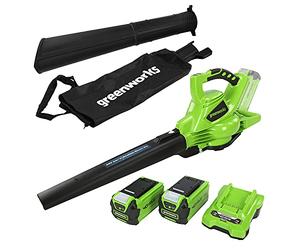 Greenworks GD40BVK2X Cordless Leaf Blow Vac with Brushless Motor, 280km/h, 9.63m³/min, 45L Mulching Bag , Two of 40V 2Ah Batteries & Charger, 3 Year Guarantee