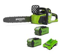 Greenworks Cordless Chainsaw with Brushless Motor, 14 Inch (35cm) Bar Length, 12m/s Chain Speed, 3.5kg, Auto-Oiler, Kickback Protection, Two of 40V 2Ah Batteries & Charger-GD40CS15K2X