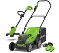 Greenworks 48v Cordless Rotary Lawnmower and Grass Trimmer 250mm 2 x 4ah Li-ion Charger