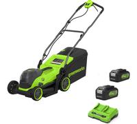Greenworks MO48L 48v Cordless Brushless Rotary Lawnmower 360mm 2 x 4ah Li-ion Twin Battery Charger