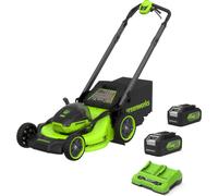 Greenworks MO48L 48v Cordless Brushless Self Propelled Rotary Lawnmower 460mm 2 x 4ah Li-ion Twin Battery Charger