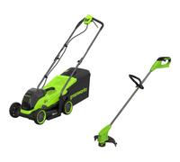 Greenworks Twin 24v Cordless Lawnmower 360mm and 24v Grass Trimmer 250mm 2 x 4ah Li-ion Twin Battery Charger