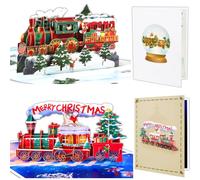 GREETING ART 2 Pack Christmas Train Pop Up Cards, 3D Xmas Greeting Cards, Beautiful Steam Train Greeting Card with Envelopes for New Year Winter Holidays