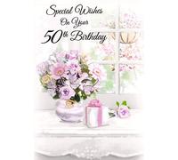 Greeting Card - 50th Birthday - Age 50 - Flowers/Windowsill - Greeting Card
